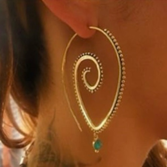 Free People Vintage Bohemian Gold Spiral Hoop Earrings— Dark Green CZ Accents - Picture 2 of 8